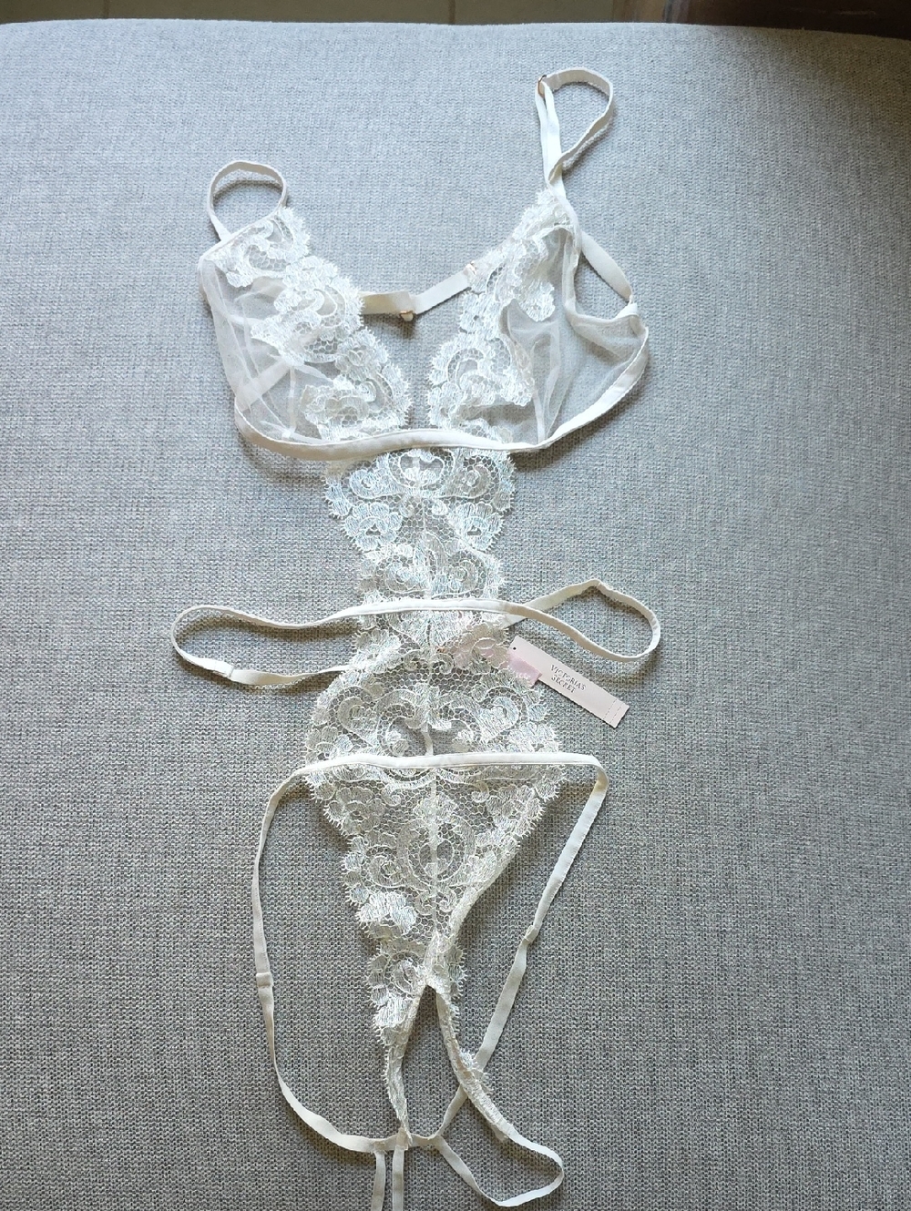 Victoria's Secret Sheer Ivory Lace Teddy with Floral Applique
